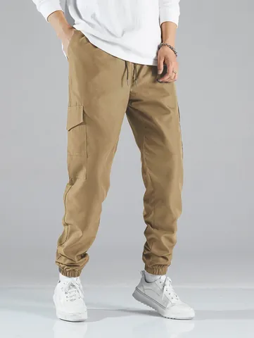 Men Retro Multi-Pocket Cargo Jogger Pants High Street Casual Elastic Waist Tactical Trousers Solid Color Outdoor Fashion Bottoms