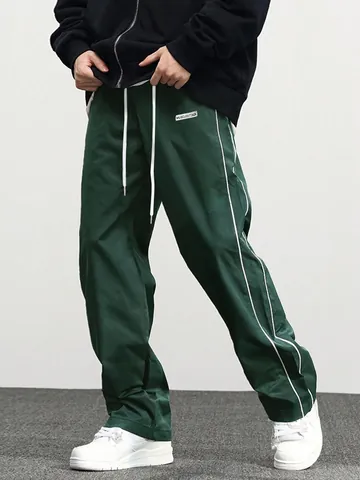 Men European High Street Woven Joggers Polyester Side Stripe Drawstring Pockets Vintage Casual Straight Leg Pants Bottom
