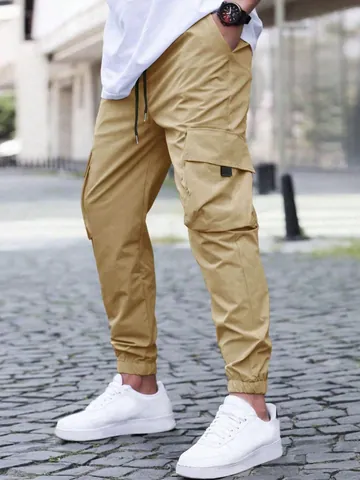 Men's Cargo Jogger Pants Multi-Pocket Drawstring Elastic Waist Polyester Sweatpants For Outdoor Running Casual Streetwear