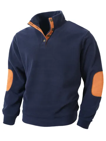 Men's Stand Collar Slim Fit Fleece Sweatshirt Contrast Color Block Patchwork Long Sleeve Pullover Casual Warm Top