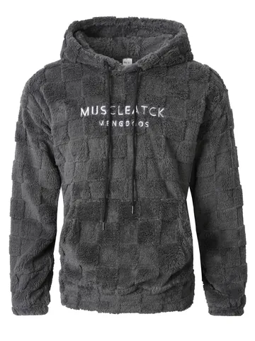 Felpa con Cappuccio in Pile da Uomo a Scacchiera Spessa con Ricamo di Lettere Maglia Casual Autunno Inverno Calda