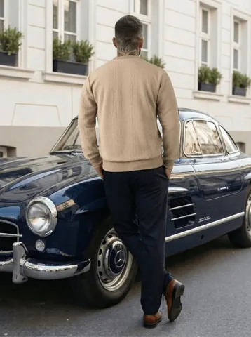 Men Spring Long Sleeve Jacquard Sweatshirt Casual Solid Color Round Neck Polyester Pullover Ribbed Cuff Comfortable Top