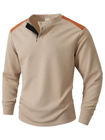 Men's Waffle Knit Henley Shirt Color Block Patchwork Long Sleeve Casual Pullover Top For Men Everyday Fashion Sport Apparel