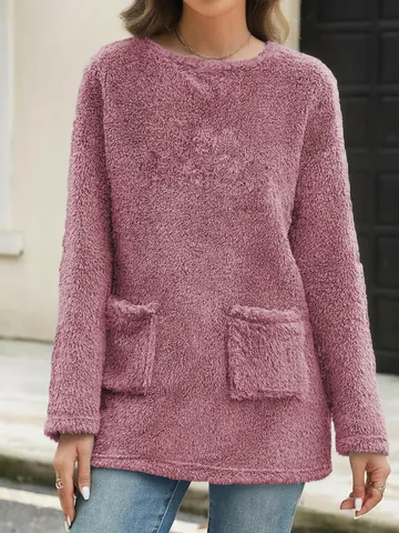 Women's Casual Plush Sweatshirt Long Sleeve Crew Neck Loose Fleece Top With Pockets Solid Color Autumn Winter Warm Outerwear