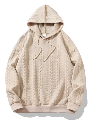 Men Casual Hooded Sweatshirt Autumn Winter Jacquard Cable Knit Texture Pullover Loose Fit Long Sleeve Top Solid Color Clothing