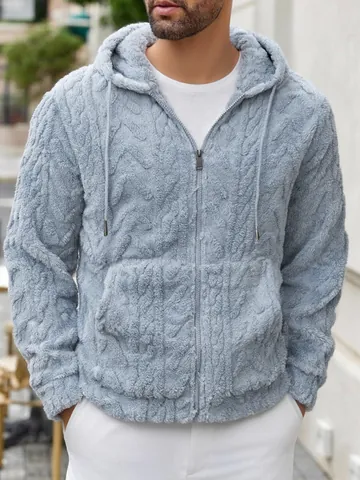 Heren Verdikte Sherpa Fleece Hoodie Gestreepte Textuur Hooded Sweatshirt Volledige Rits Casual Warme Winterjas Top Voor Heren