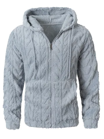 Heren Verdikte Sherpa Fleece Hoodie Gestreepte Textuur Hooded Sweatshirt Volledige Rits Casual Warme Winterjas Top Voor Heren
