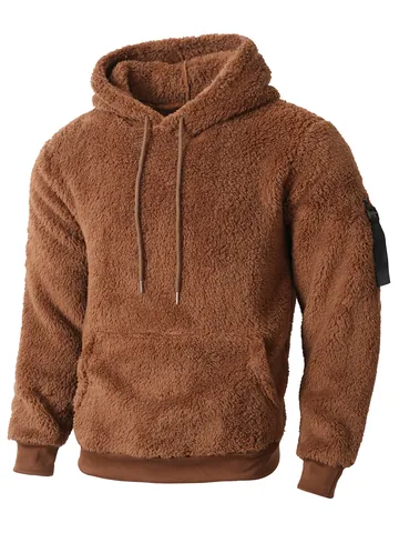 Men's Sherpa Fleece Hooded Sweatshirt Winter Warm Solid Color Pullover Casual Top With Kangaroo Pocket