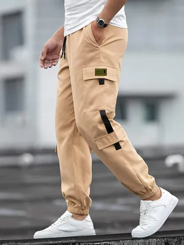 Men's High Street Cargo Jogger Pants Retro Casual Multi-Pocket Drawstring Cuffed Trousers Solid Polyester Tapered Bottom
