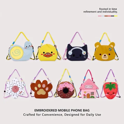 Korean Cute Cartoon Embroidery Crossbody Phone Bag Cotton Polyester Dopamine Color Contrast Mini Shoulder Bag For Women
