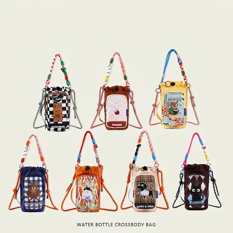 Cartoon Animal Nylon Crossbody Bag Water Bottle Phone Pouch Colorful Woven Strap For Outdoor Daily Women Teenager