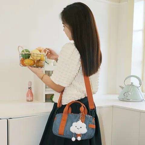 Nylon Plaid Bowling Bag For Women Large Capacity Shoulder Crossbody Toast Square Bag With Cloud Charm Simple Commuter Handbag Urban Style