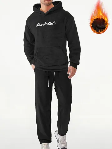 Felpa Con Cappuccio E Pantaloni Da Uomo Top E Parte Inferiore Ispessiti Termici Casual Ricamo Lettere Streetwear Inverno