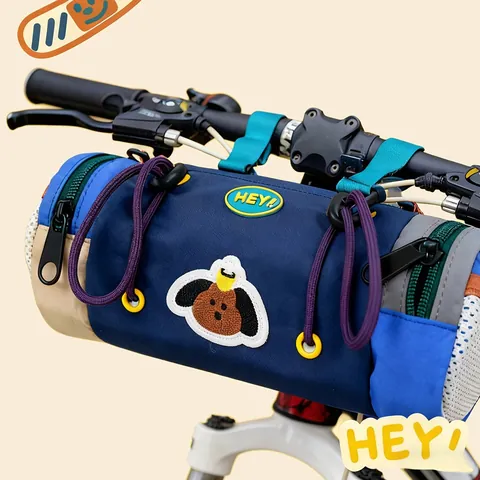 Nylon Large Capacity Bicycle Front Bag Cartoon Dog Embroidered Waterproof Handlebar Bag For Mountain Road Bike Children Crossbody Storage Bag