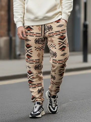 Men's Fleece Lined Tribal Geometric Print Joggers Warm Drawstring Casual Sweatpants Winter Tapered Bottom