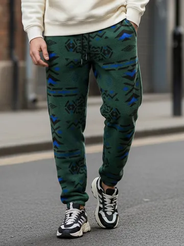 Men's Fleece Lined Tribal Geometric Print Joggers Warm Drawstring Casual Sweatpants Winter Tapered Bottom