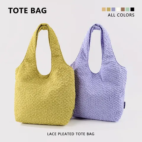 Women Canvas Pleated Tote Bag Bubble Texture Shoulder Handbag Large Capacity Casual Daily Commute Bags For Students