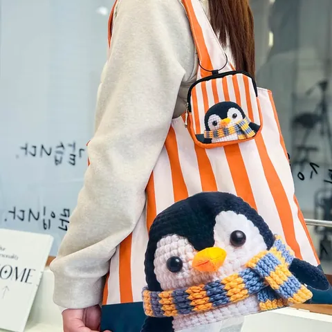 Women Cute Cartoon Animal Painted Stripe Shoulder Vest Bag Large Capacity Foldable Canvas Tote Bag Commuter Shopping Bag Set