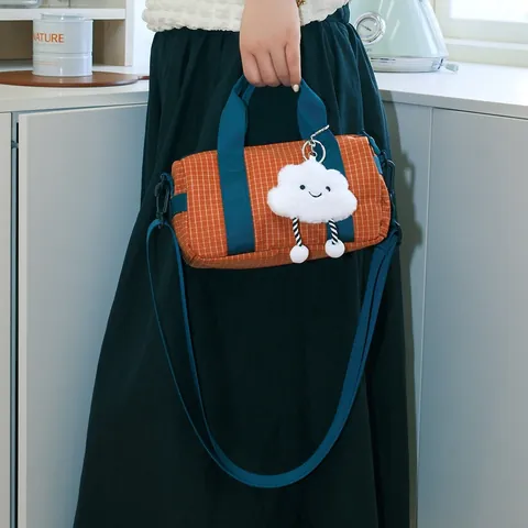 Nylon Plaid Bowling Bag For Women Large Capacity Shoulder Crossbody Toast Square Bag With Cloud Charm Simple Commuter Handbag Urban Style