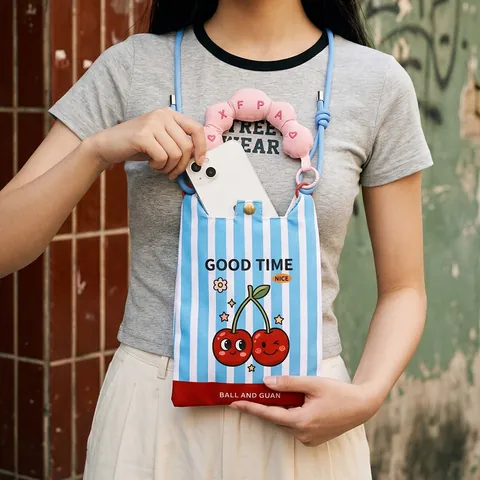 Cartoon Creative Mini Crossbody Phone Bag For Women Canvas Fabric Small Shoulder Bag With Wavy Handle Daily Vacation