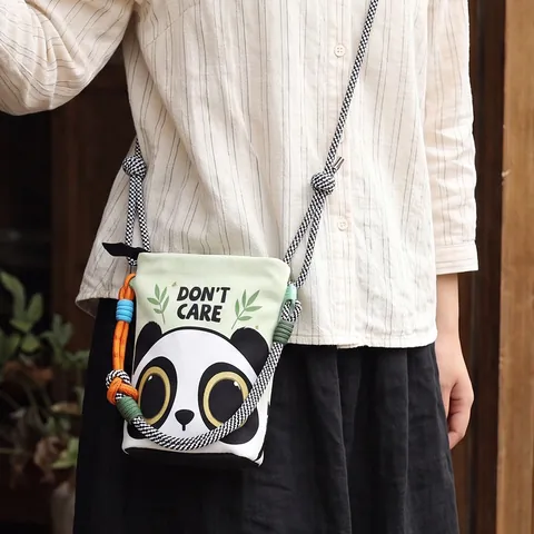 Women Cartoon Print Canvas Bucket Bag Fashion Casual Crossbody Shoulder Bag Portable Outdoor Mini Cell Phone Bag With Braided Strap