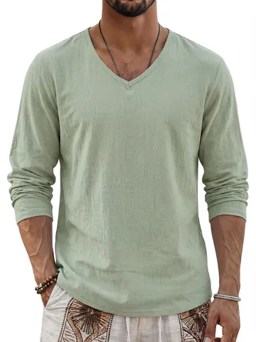 Camiseta Casual de Lino para Hombre con Cuello en V Manga Larga Transpirable Color Sólido Ajuste Holgado Moda al Aire Libre Top de Mezcla de Algodón
