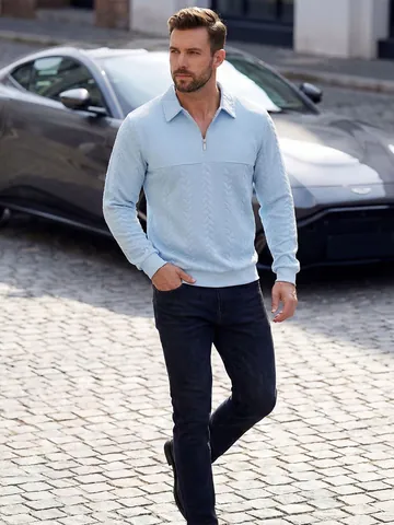 Men's Long Sleeve Polo Shirt Polyester 1/4 Zip Textured Patchwork Pullover Top Casual Business Style Clothing For Men