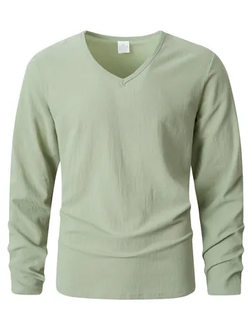 Camiseta Casual de Lino para Hombre con Cuello en V Manga Larga Transpirable Color Sólido Ajuste Holgado Moda al Aire Libre Top de Mezcla de Algodón