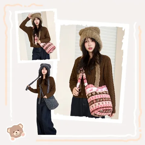 Women's Fair Isle Plush Shoulder Bag Large Capacity Faux Lamb Fleece Crossbody Bag Autumn Winter Casual Tote Bag