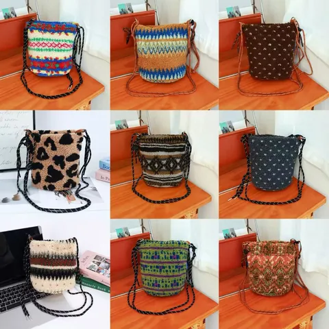Women Plush Artificial Fur Bucket Crossbody Bag Winter Korean Style Polyester Patterned Drawstring Shoulder Bag With Rope Strap