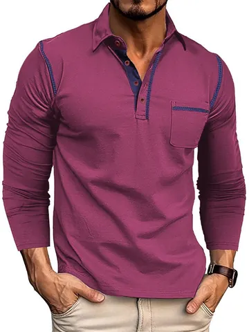 Herren Langarm Poloshirt Lässig Sportlich Kontrastnähte Patchwork Top Slim Fit Polyester Viskose Elasthan Polo Für Herbst