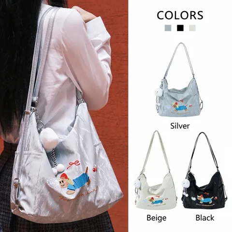 Harajuku Style Women Velvet Crossbody Bag With Cartoon Dachshund Embroidery And Cloud Pendant Casual Small Square Bag