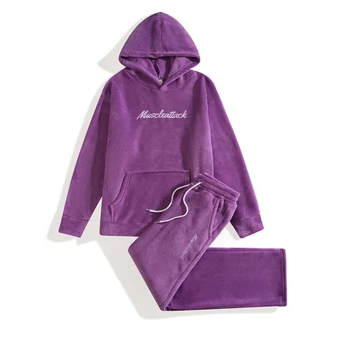 Men Plush Loungewear Set Muscleattack Embroidery Hooded Fleece Pajamas Autumn Winter Thickened Warm Home Wear Top And Bottom