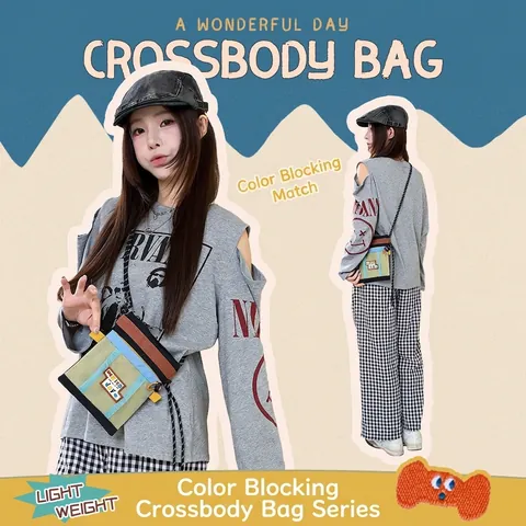 Women Cute Camping Style Nylon Color Block Crossbody Mobile Phone Bag Patchwork Small Shoulder Bag with Mesh Pocket Pouch