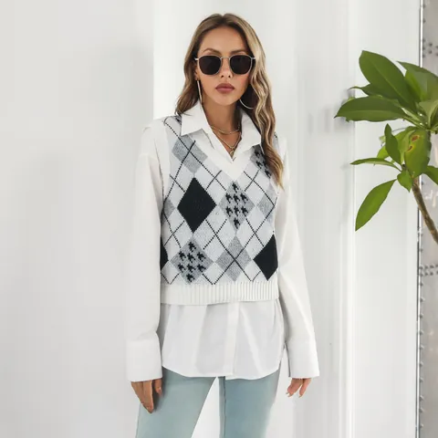 Women Houndstooth Argyle Knitted Vest V-neck Sleeveless Acrylic Jacquard Sweater Top For Autumn Winter Preppy Style Casual Wear