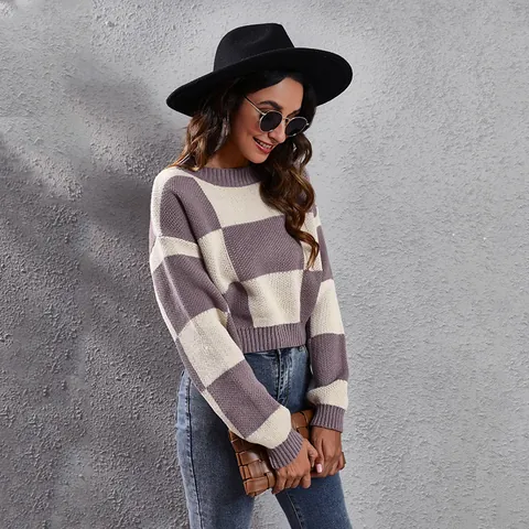 Women Checkerboard Pattern Cropped Sweater Loose Knit Pullover Drop Shoulder Long Sleeve Top
