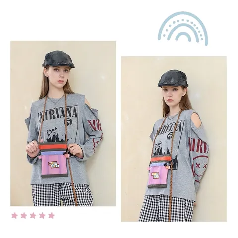 Women Cute Camping Style Nylon Color Block Crossbody Mobile Phone Bag Patchwork Small Shoulder Bag with Mesh Pocket Pouch