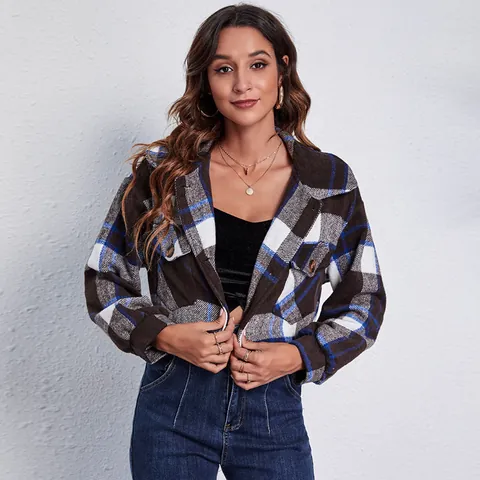 Women Plaid Lantern Sleeve Short Woolen Coat Casual Peter Pan Collar Long Sleeve Button Down Jacket Outerwear Top