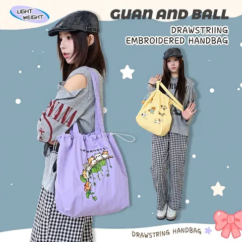 Japanese Style Embroidery Drawstring Tote Bag Large Capacity Nylon Handbag For Women Student Casual Fresh Shoulder Bag