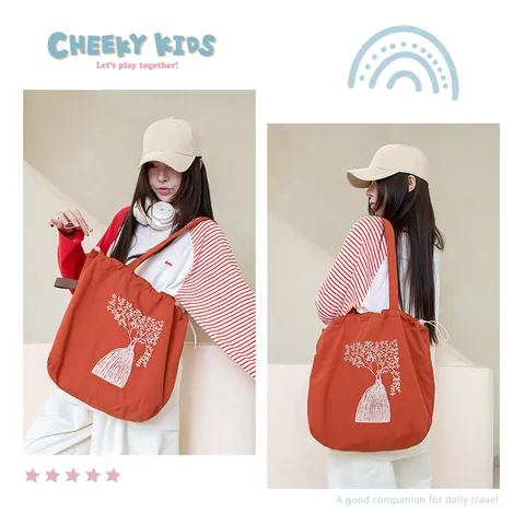 Japanese Style Embroidery Drawstring Tote Bag Large Capacity Nylon Handbag For Women Student Casual Fresh Shoulder Bag