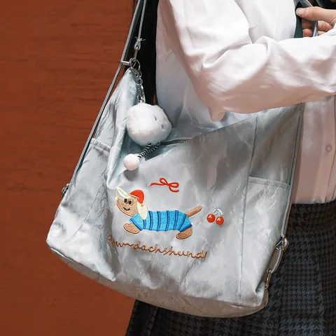 Harajuku Style Women Velvet Crossbody Bag With Cartoon Dachshund Embroidery And Cloud Pendant Casual Small Square Bag