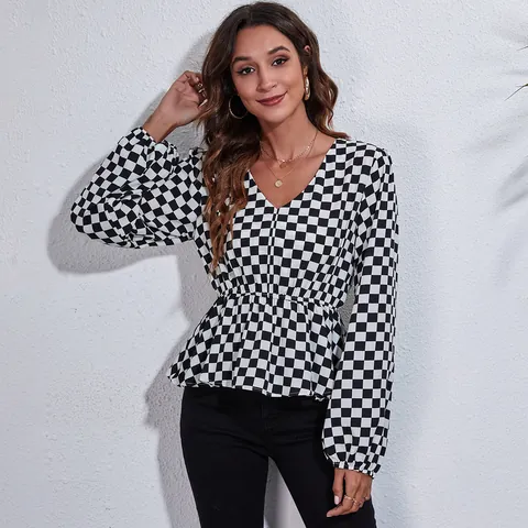 Elegant Women V Neck Peplum Top Lantern Long Sleeve Printed Blouse Loose Fit Casual Pullover Shirt Floral Plaid Pattern Tops