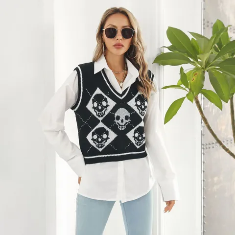 Gilet in Maglia Jacquard Argyle con Teschio Y2K da Donna Scollo a V Senza Maniche Maglione Gilet Gothic Punk Streetwear Autunno Top