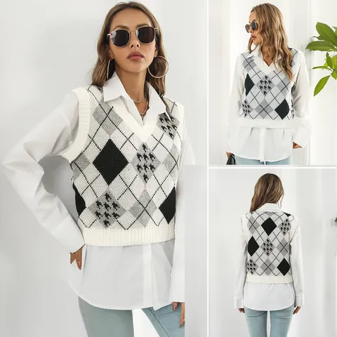 Women Houndstooth Argyle Knitted Vest V-neck Sleeveless Acrylic Jacquard Sweater Top For Autumn Winter Preppy Style Casual Wear