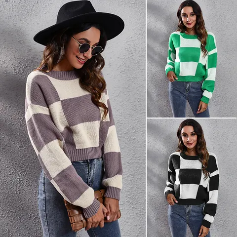 Women Checkerboard Pattern Cropped Sweater Loose Knit Pullover Drop Shoulder Long Sleeve Top