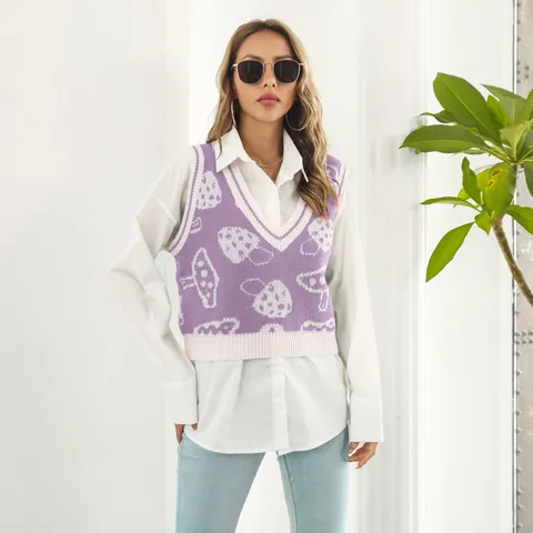 Chaleco de Punto para Mujer Estilo Colegial Lindo Champiñón Jacquard Cuello en V Sin Mangas Casual
