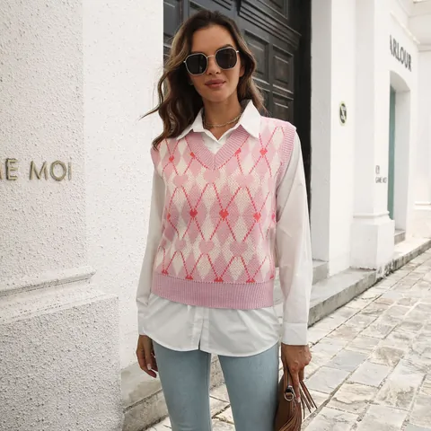 Y2K Argyle Heart Pattern V Neck Knit Vest Top Women Sleeveless Streetwear Vintage Pink White Sweater Knitwear Pullover