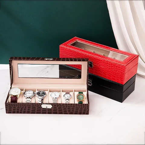 Krokodilmuster Leder Uhrenbox Mehrschlitz Uhrenaufbewahrung Display Case Organizer mit Transparentem Fenster und Metallschloss