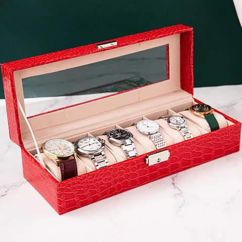 Krokodilmuster Leder Uhrenbox Mehrschlitz Uhrenaufbewahrung Display Case Organizer mit Transparentem Fenster und Metallschloss