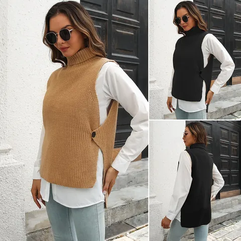 Women High Neck Knitted Vest Sleeveless Acrylic Sweater Side Button Two Piece Design Autumn Winter Casual Top